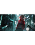 Anime girl desk pad 36x16 inches with neon city alley artwork, edge-to-edge cyberpunk style.