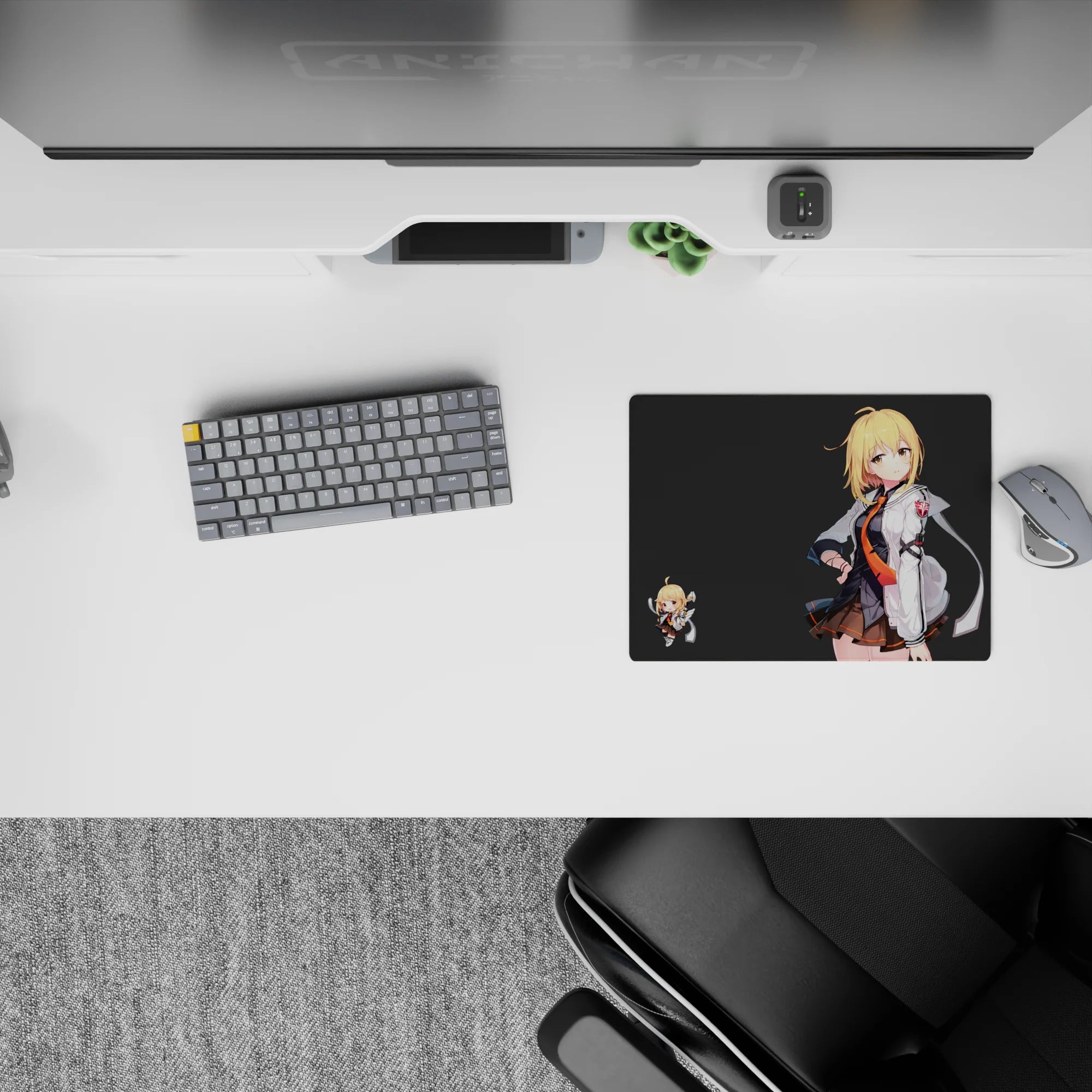 Moody charcoal anime girl mouse pad 14x10 inches, blonde pop art with crisp white and bright orange tie.