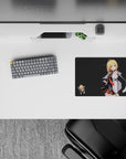Moody charcoal anime girl mouse pad 14x10 inches, blonde pop art with crisp white and bright orange tie.