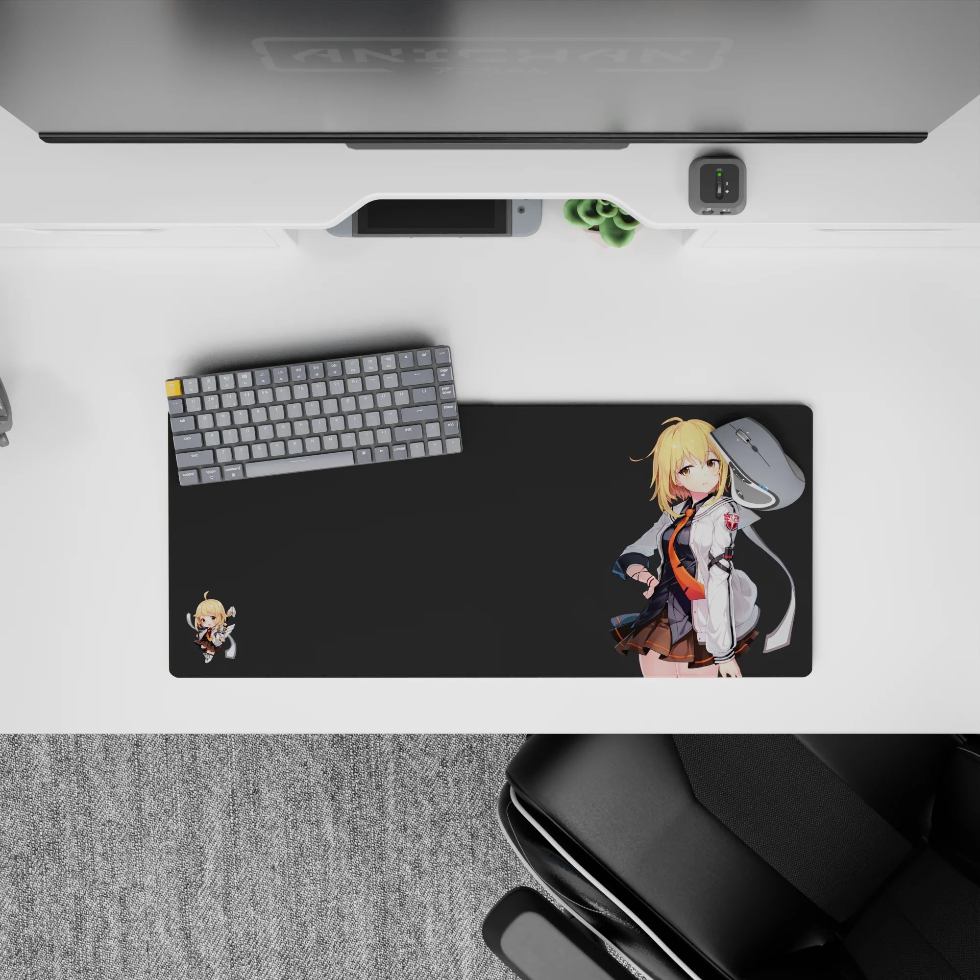 28x12 inches anime mouse pad on moody charcoal background, blonde pop art, crisp whites and orange tie.