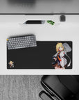 28x12 inches anime mouse pad on moody charcoal background, blonde pop art, crisp whites and orange tie.