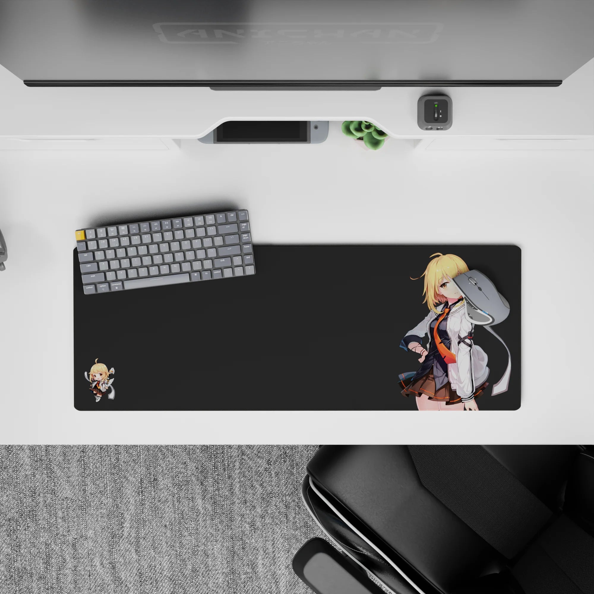 Moody charcoal anime girl mouse pad 32x12 inches with bright orange tie accents and clean negative space.