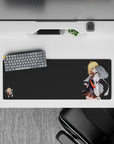 Moody charcoal anime girl mouse pad 32x12 inches with bright orange tie accents and clean negative space.