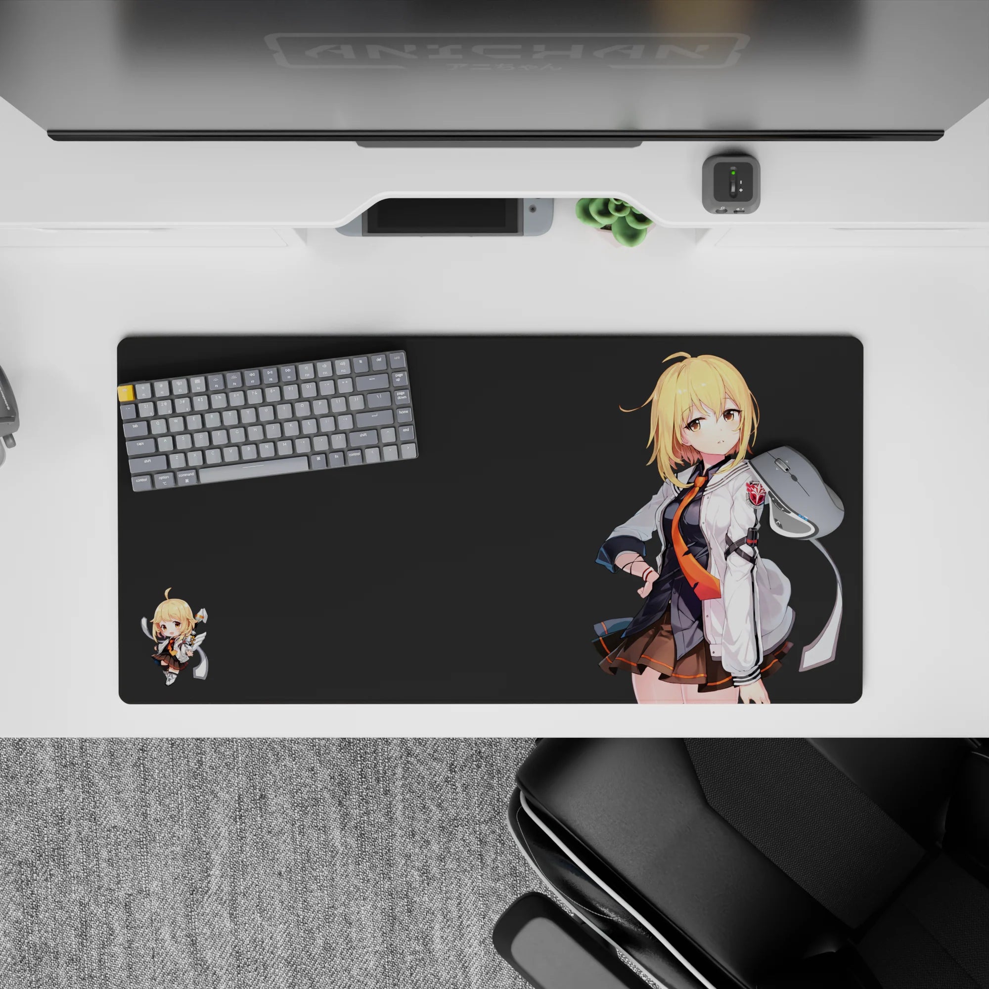 Moody charcoal anime desk mat mouse pad 32x16 inches with blonde pop, white jacket, orange tie.