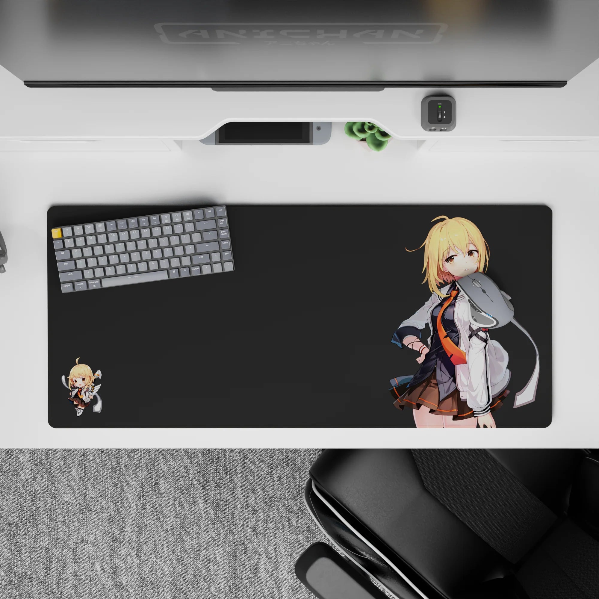 Moody charcoal anime desk pad 36x16 inches with blonde pop, crisp white jacket, and orange tie.