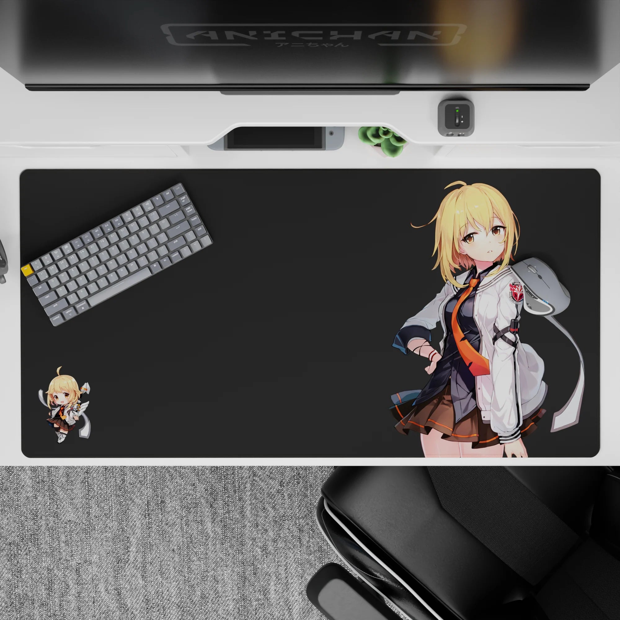 Moody charcoal anime desk pad 40x20 inches with dark uniform art and a bright orange tie accent.
