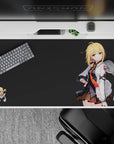 Moody charcoal anime desk pad 40x20 inches with dark uniform art and a bright orange tie accent.