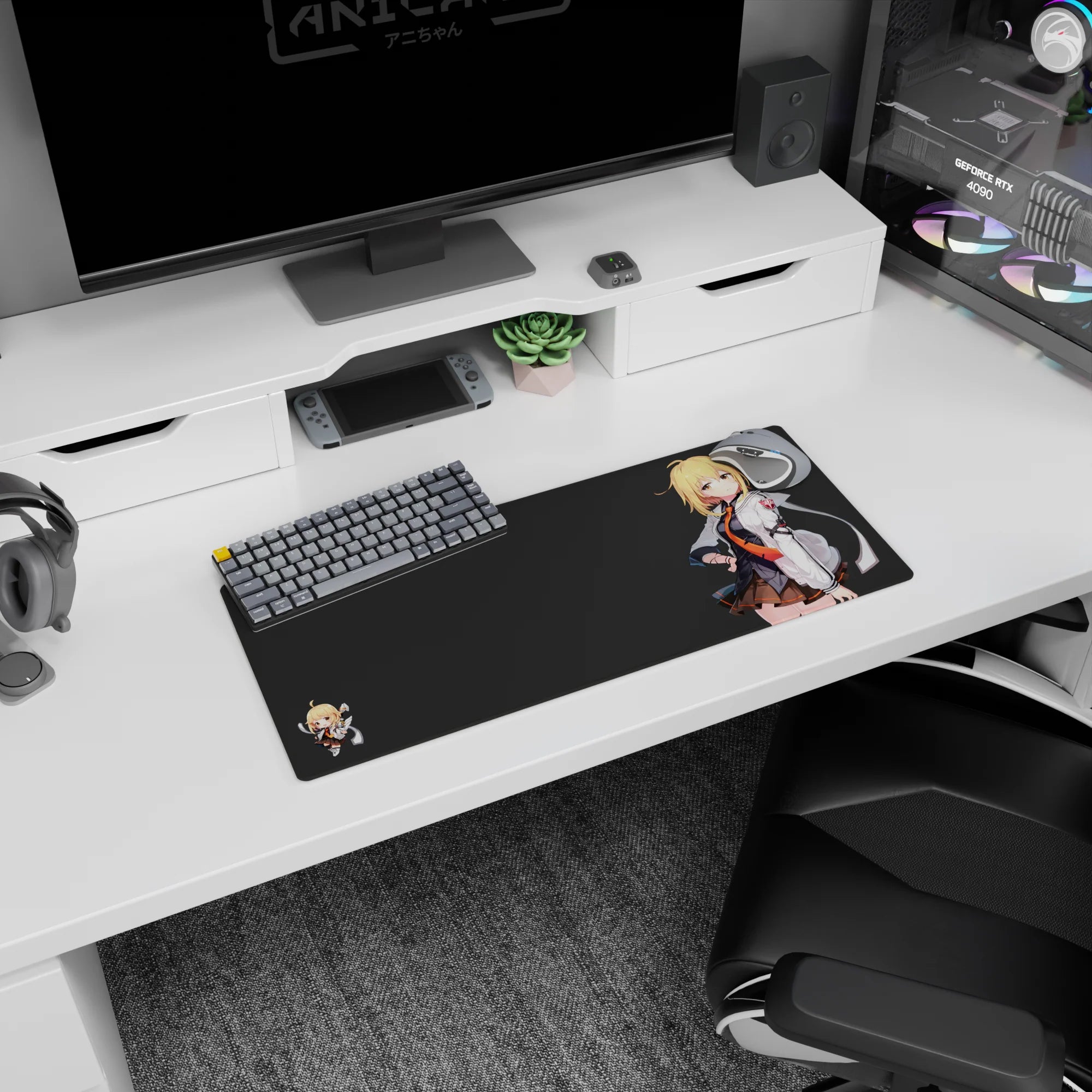 28x12 inches desk mouse pad featuring blonde anime girl in uniform with orange tie and tiny chibi buddy.