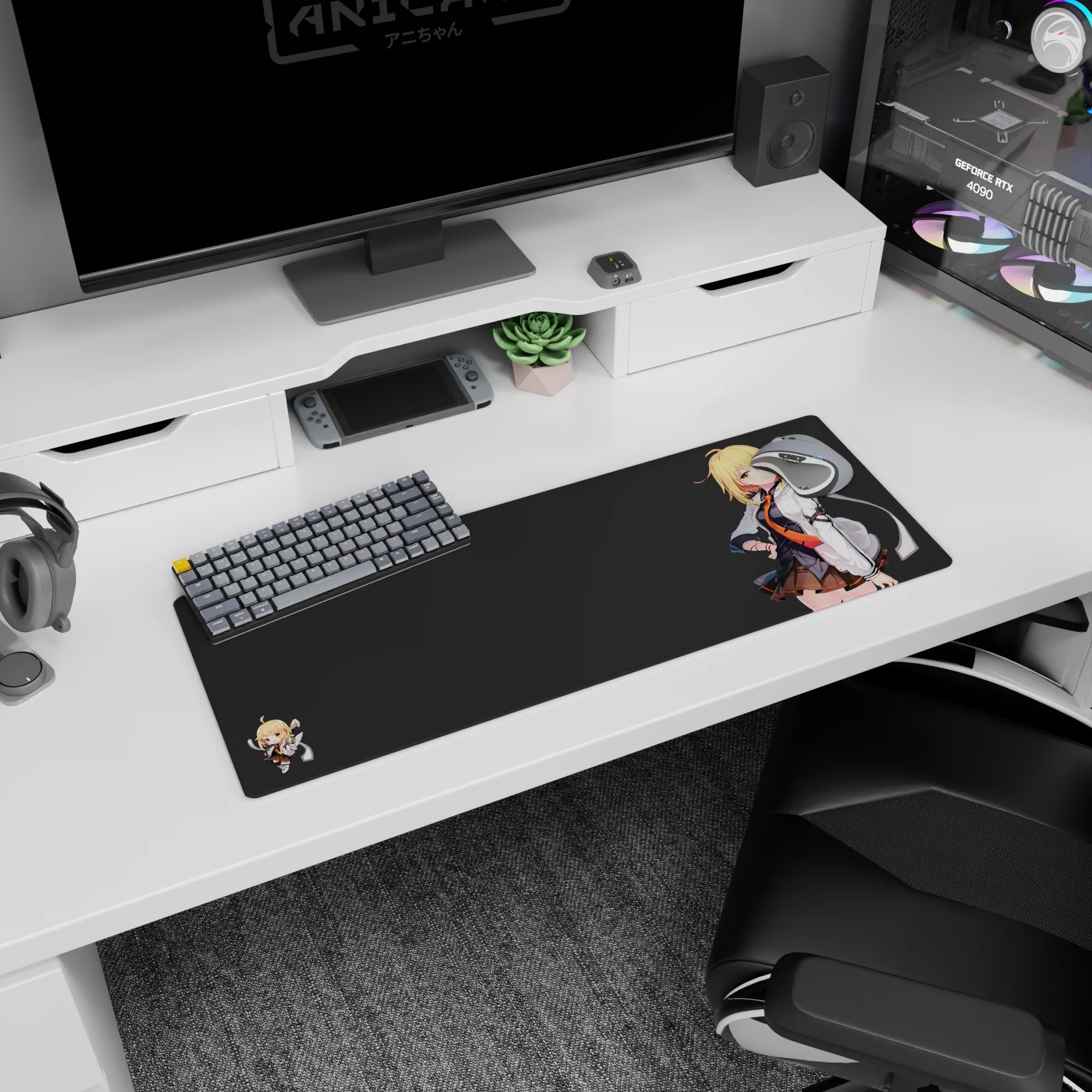 Blonde anime girl in white jacket and dark uniform with chibi buddy on anime mouse pad 32x12 inches.