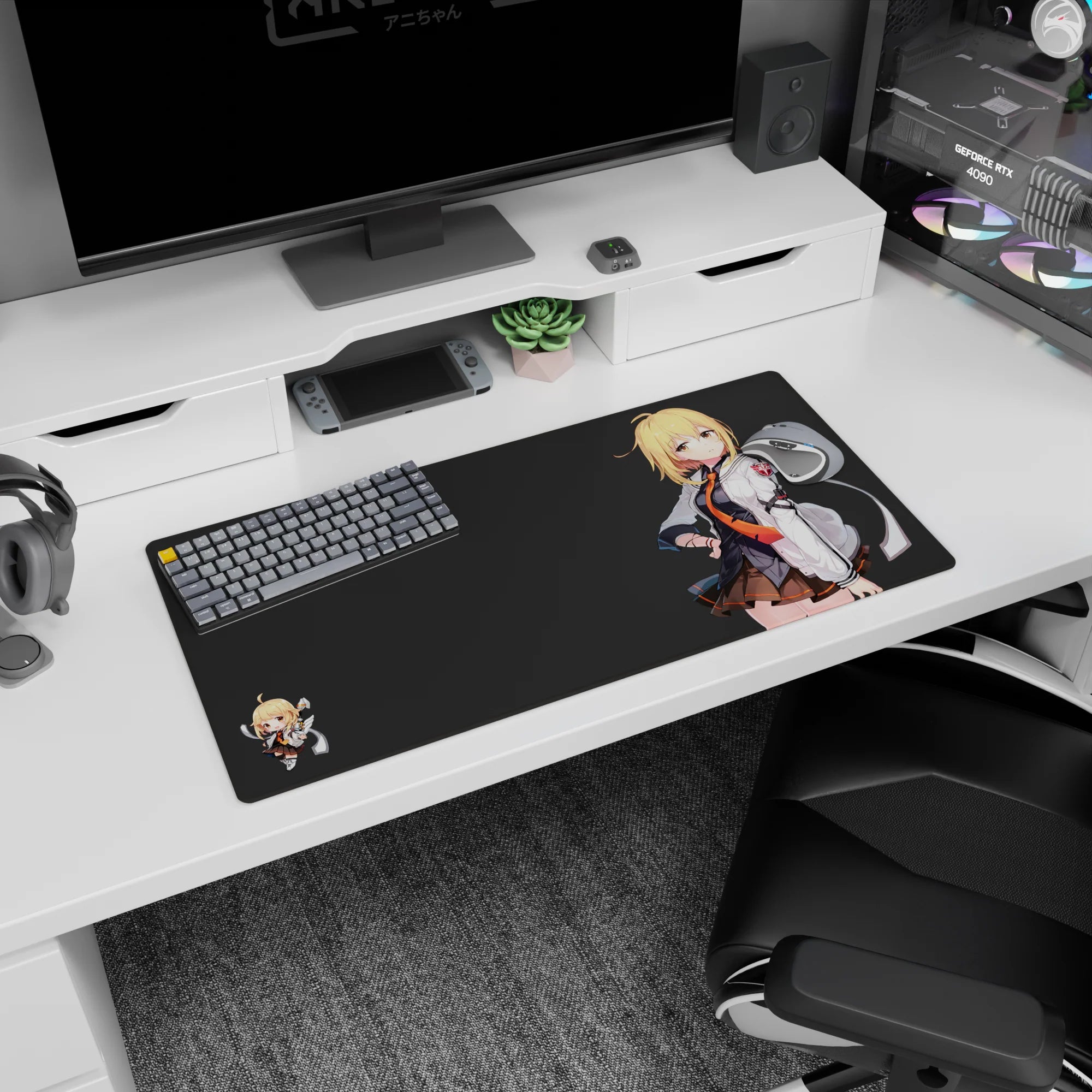 Anime girl mouse pad 32x16 inches showing blonde in white jacket and orange tie, chibi buddy on left.