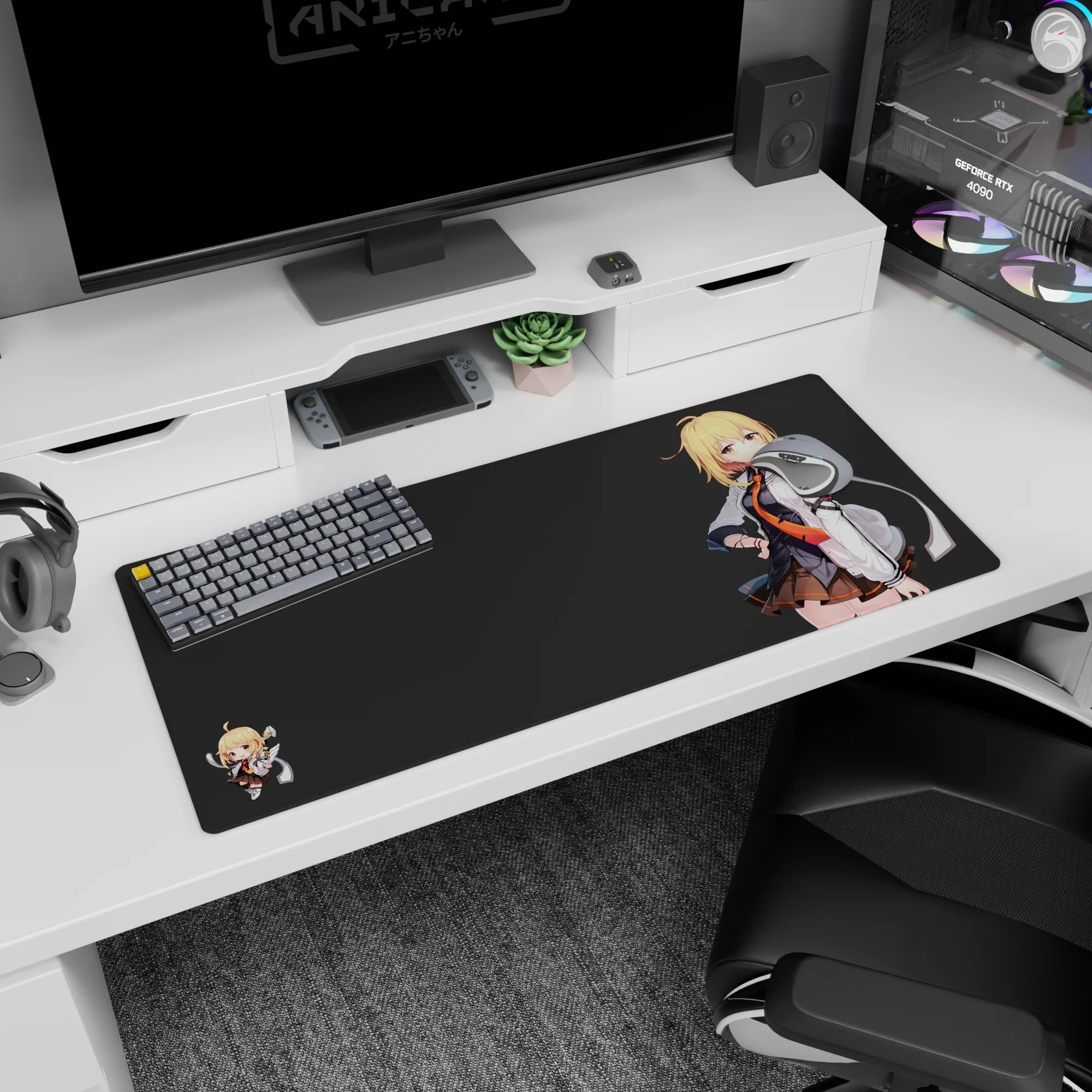 Blonde anime girl in dark uniform and orange tie with tiny chibi buddy on desk pad 36x16 inches.