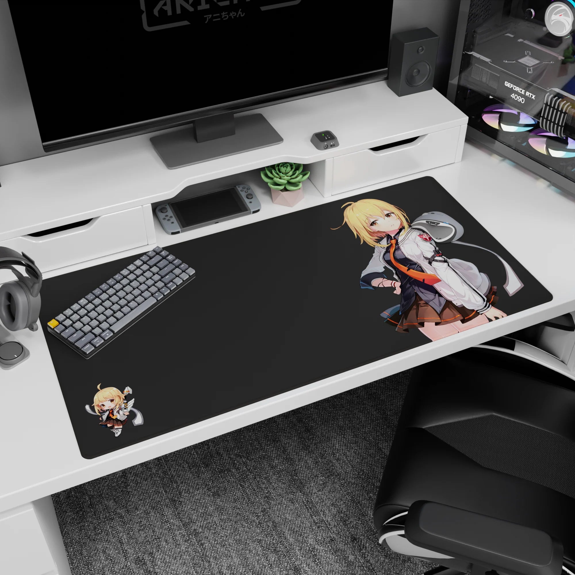 Blonde anime girl in white jacket with tiny chibi buddy on a 40x20 inches desk pad, clean negative space.