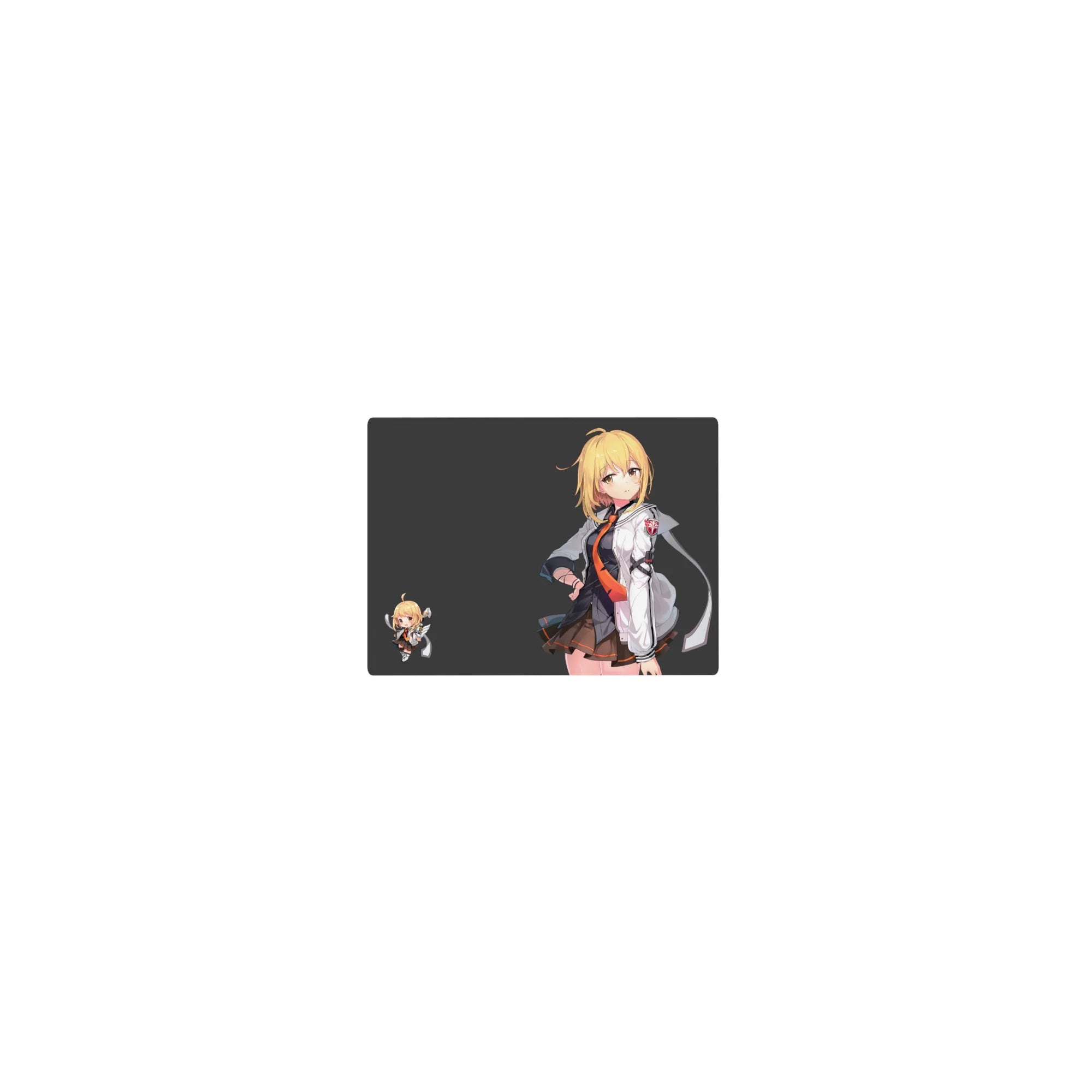 Classic anime girl mouse pad 14x10 inches with blonde character, white jacket, orange tie, and chibi pal.