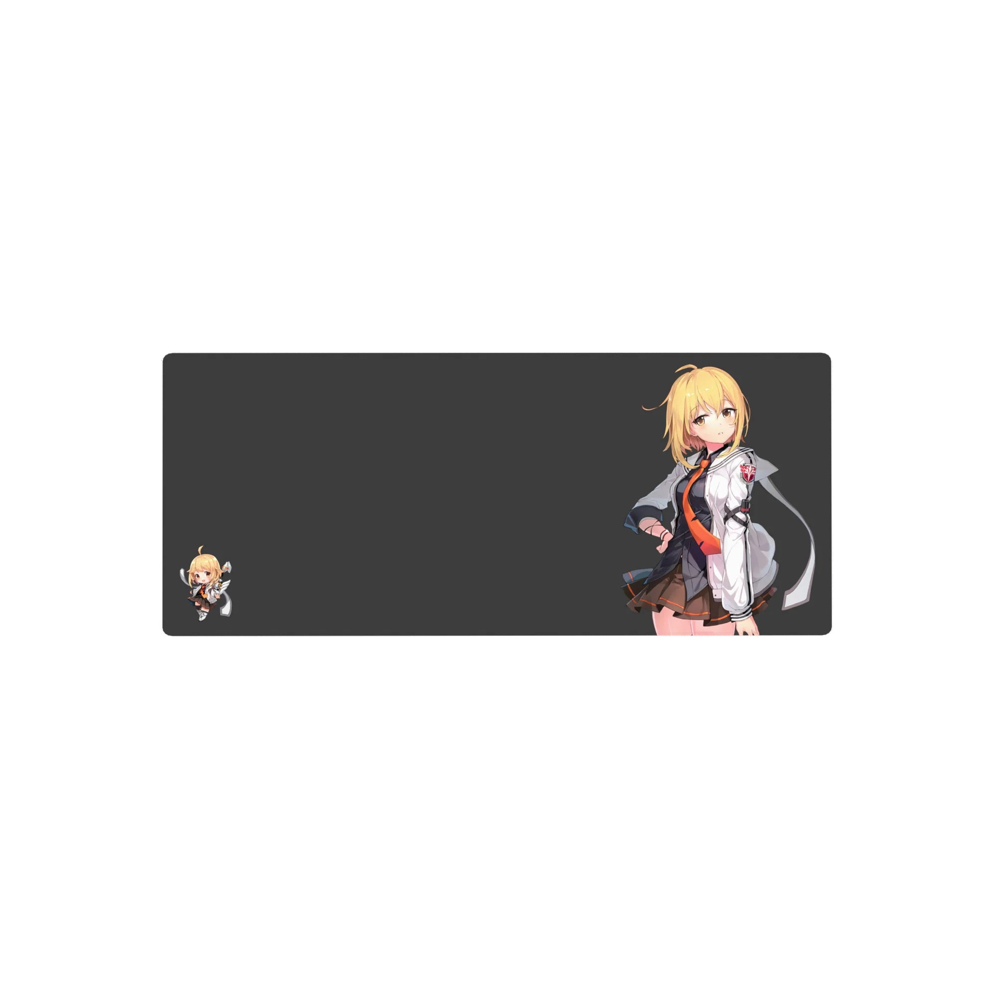 28x12 inches anime girl mouse pad with blonde character, white jacket, orange tie, and chibi sidekick.