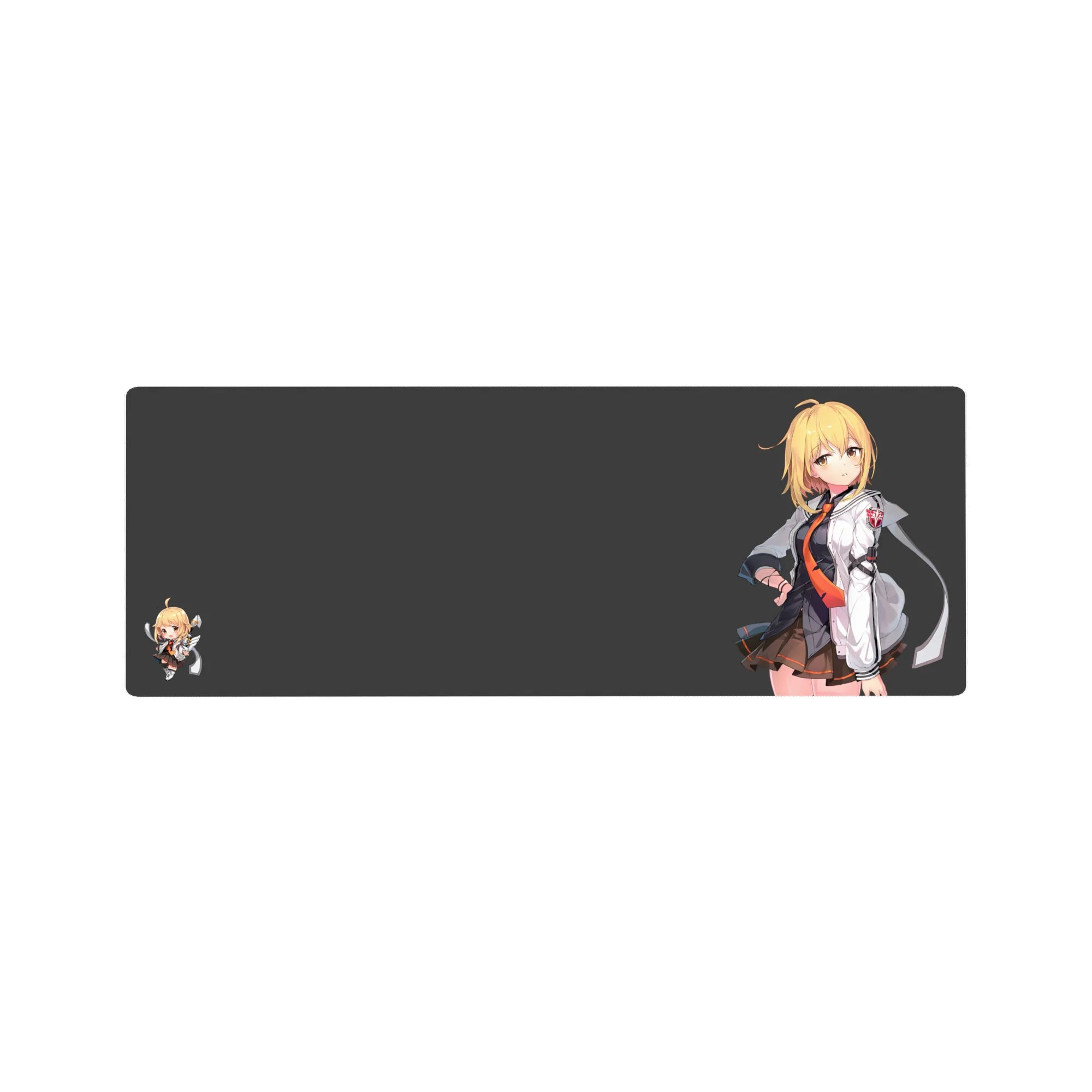 Anime girl mouse pad 32x12 inches with blonde character, white jacket, orange tie, and chibi sidekick.