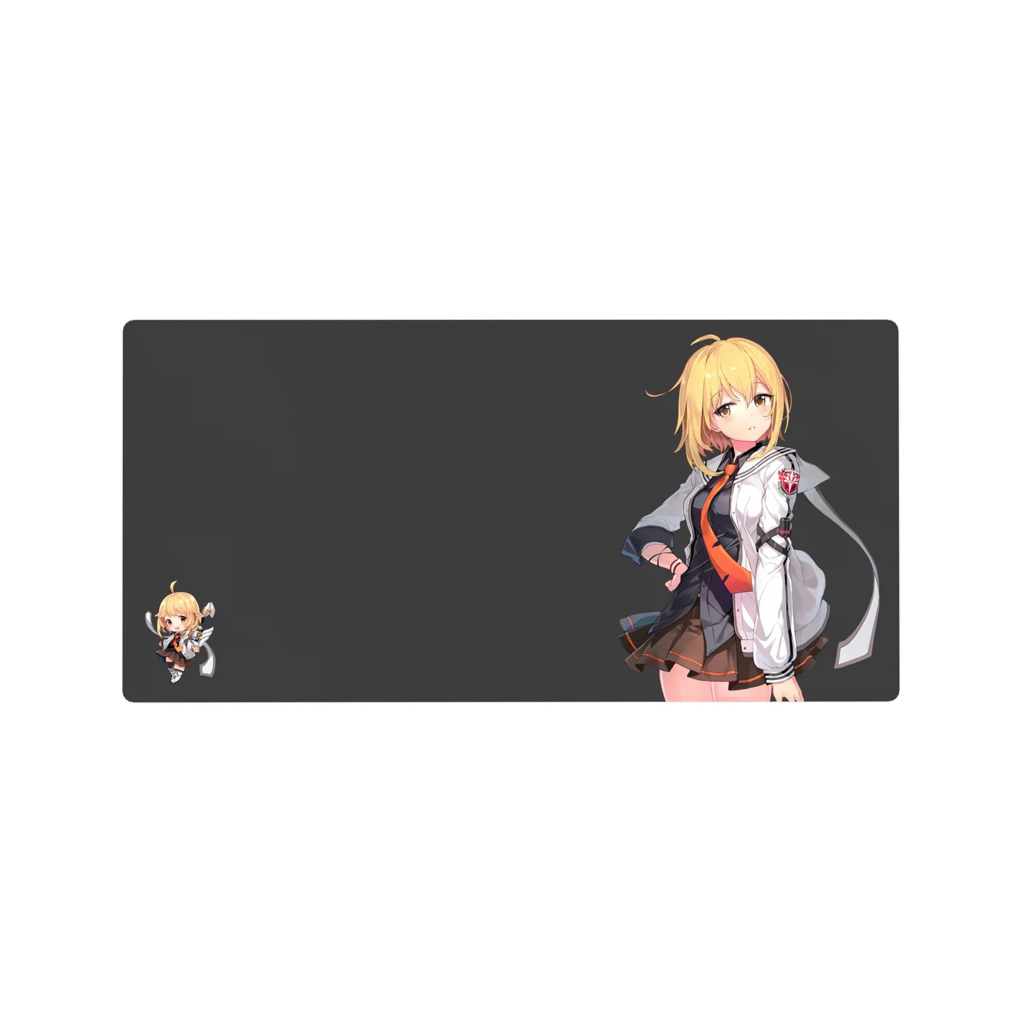 Anime girl mouse pad 32x16 inches with charcoal background, blonde character, and tiny chibi companion.
