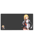 Anime girl mouse pad 32x16 inches with charcoal background, blonde character, and tiny chibi companion.