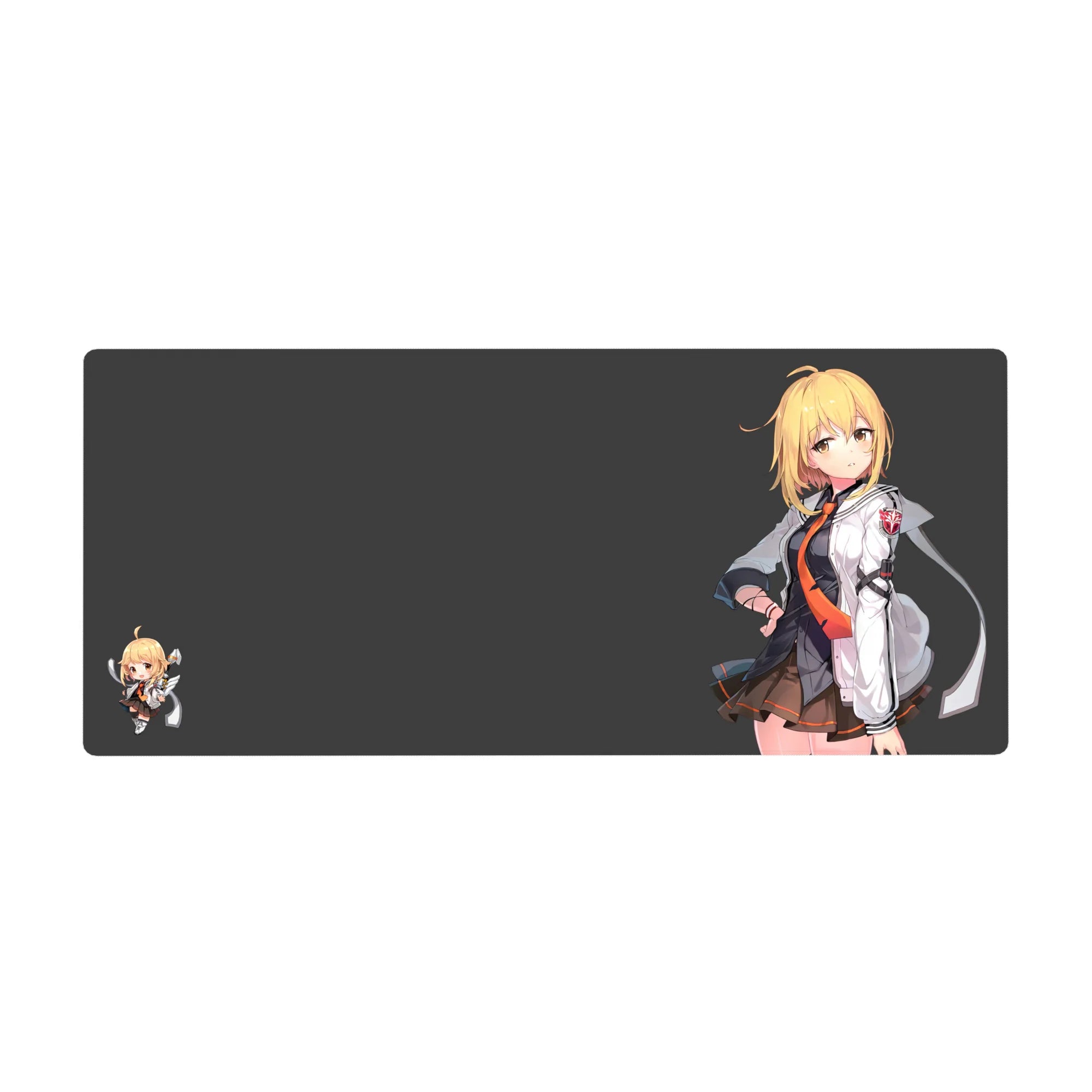 Anime girl desk pad 36x16 inches with blonde character, white jacket, orange tie, and chibi friend.