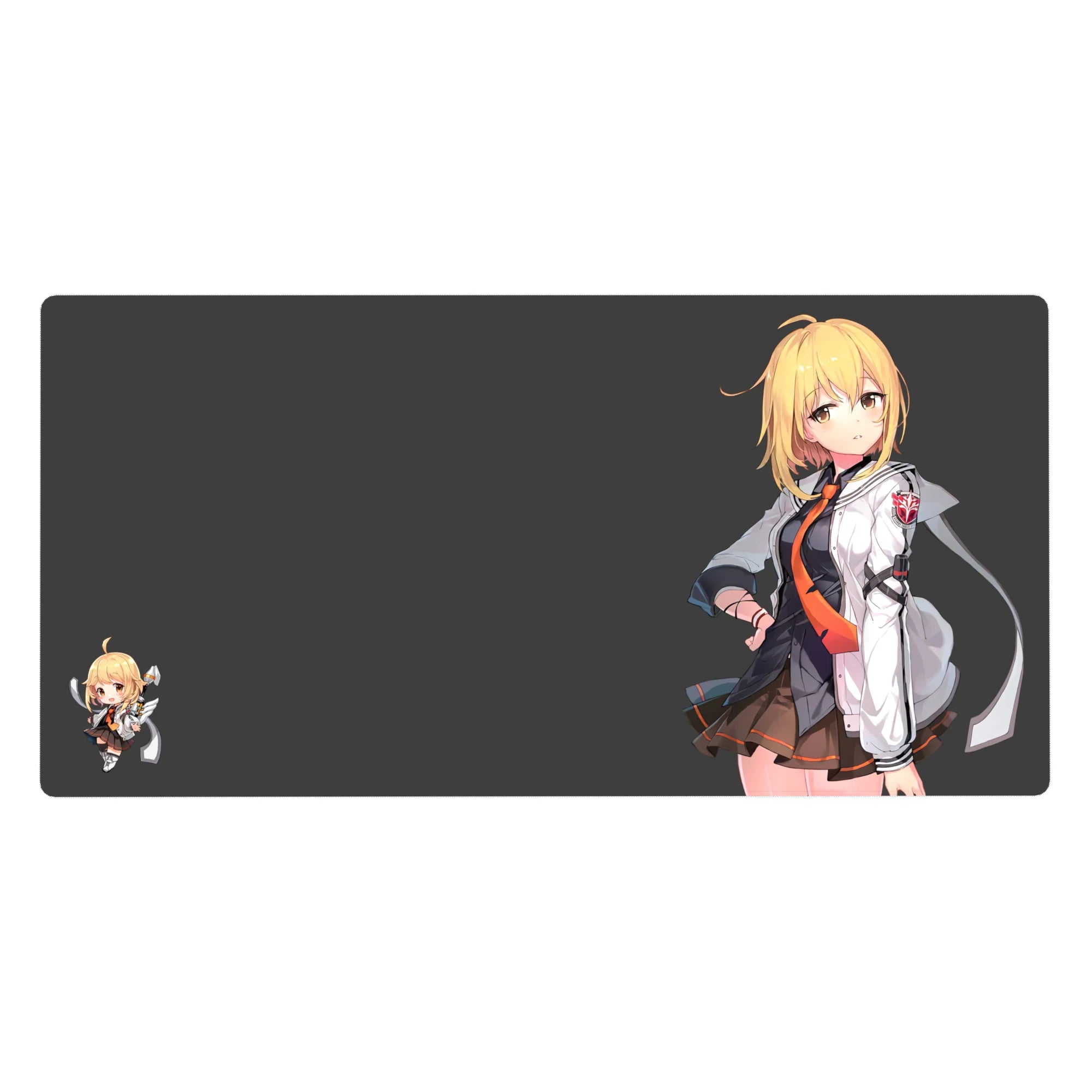 Anime girl desk pad 40x20 inches with blonde character in white jacket, orange tie, and chibi sidekick.