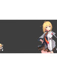 Anime girl desk pad 40x20 inches with blonde character in white jacket, orange tie, and chibi sidekick.
