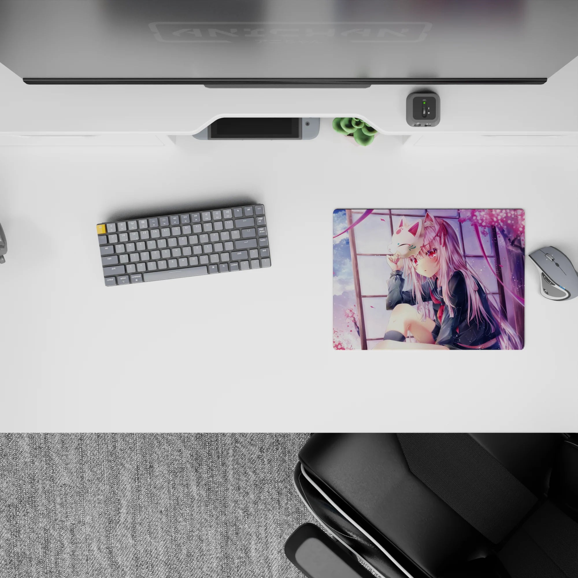 Dreamy pastel pink anime mouse pad 14x10 inches with soft clouds, drifting sakura, calm wistful vibe.