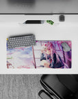 28x12 inches pastel pink sky mouse pad, dreamy clouds, drifting sakura, calm wistful late-afternoon glow.