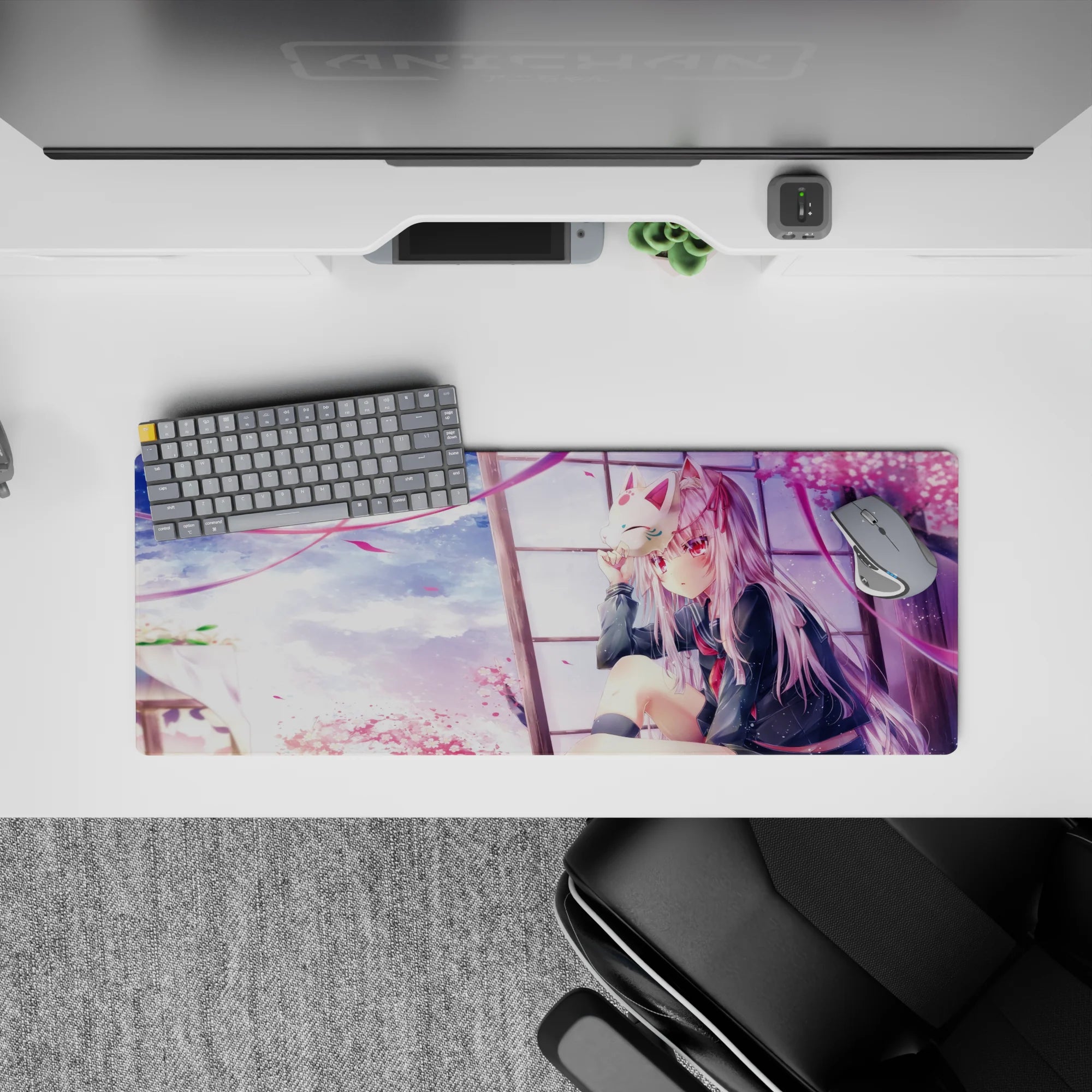 32x12 inches pastel pink sky mouse pad, dreamy late-afternoon glow with ribbons, clouds, and sakura.