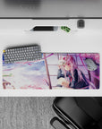 32x12 inches pastel pink sky mouse pad, dreamy late-afternoon glow with ribbons, clouds, and sakura.