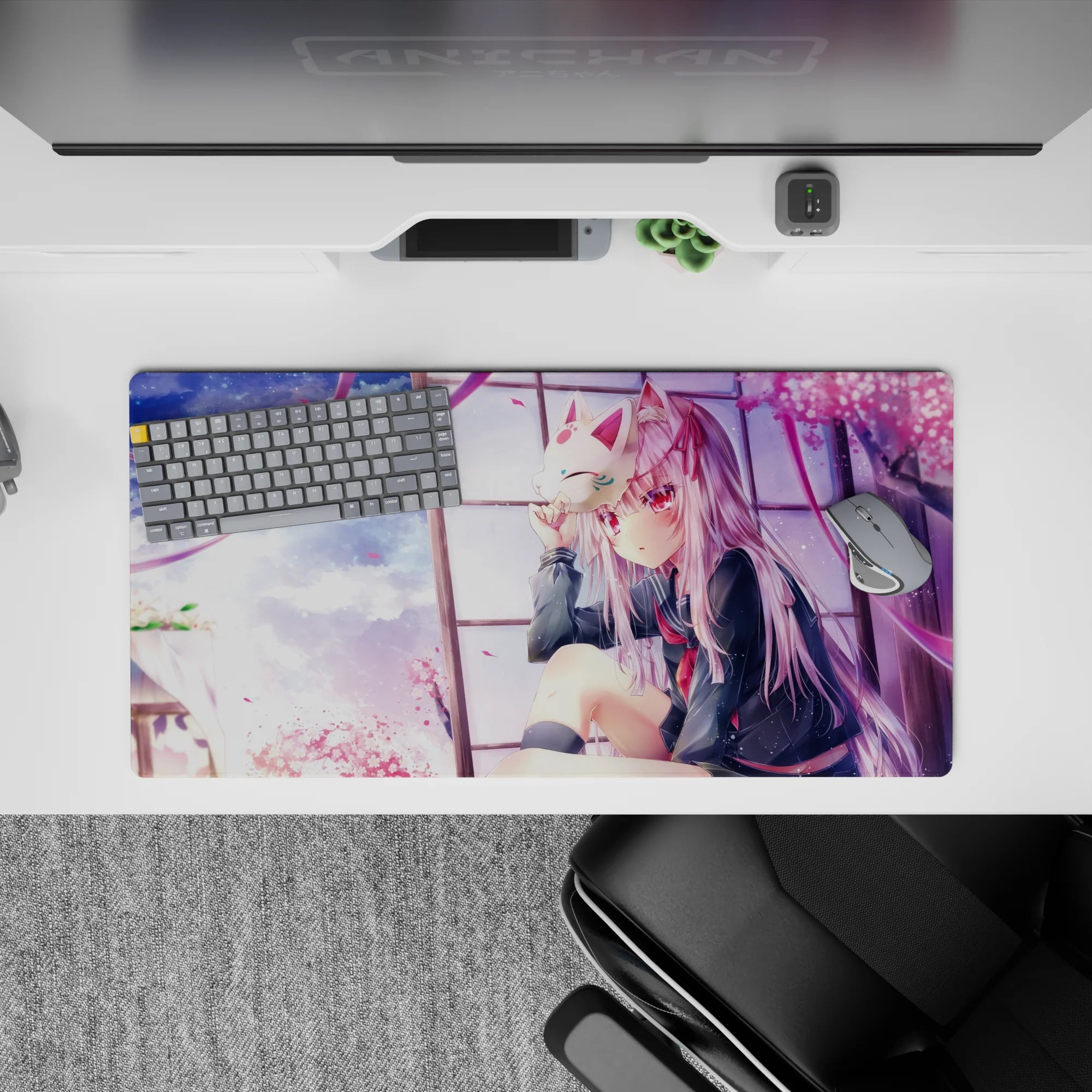 32x16 inches pastel pink sky mouse pad, soft clouds and drifting sakura for a calm wistful vibe.