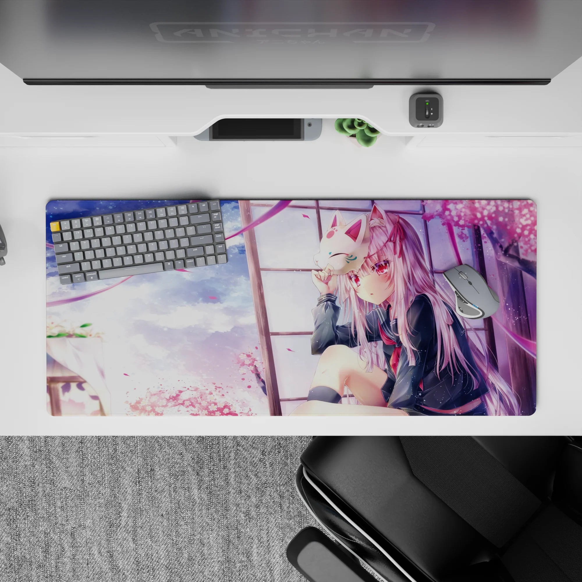 36x16 inches pastel pink sky desk pad with soft clouds, drifting sakura, calm wistful anime vibe.