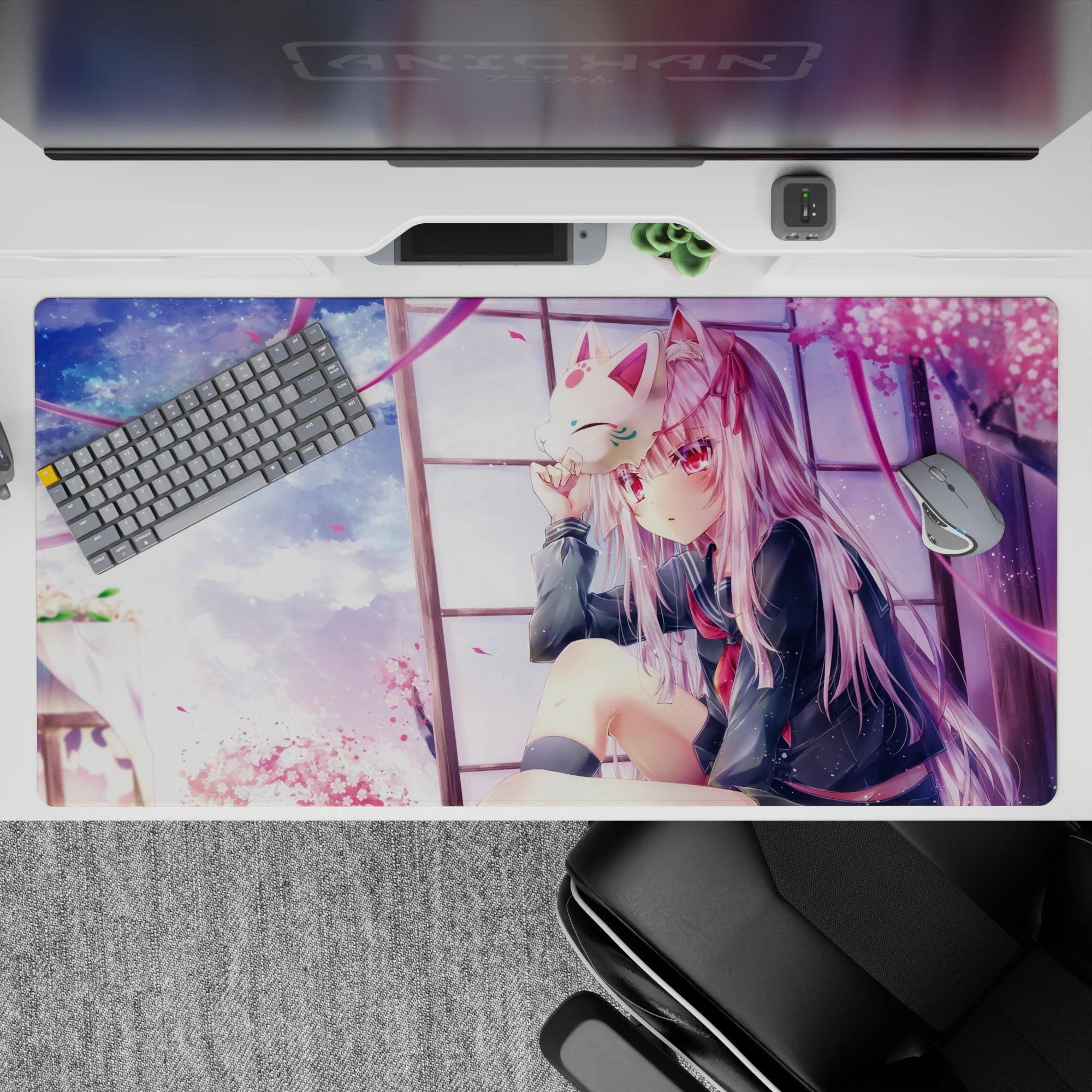 40x20 inches pastel pink sky desk pad, soft clouds, drifting sakura, calm wistful anime aesthetic.
