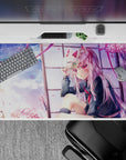 40x20 inches pastel pink sky desk pad, soft clouds, drifting sakura, calm wistful anime aesthetic.