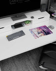 Silver-haired schoolgirl with red eyes holding a fox mask on anime mouse pad 14x10 inches.