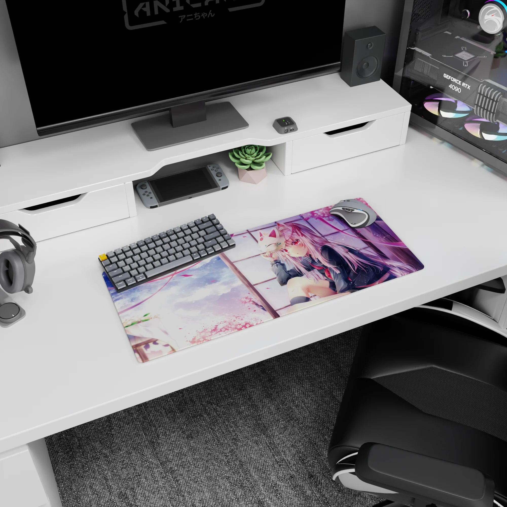 28x12 inches desk mat featuring red-eyed silver-haired schoolgirl holding a fox mask amid falling cherry blossoms.