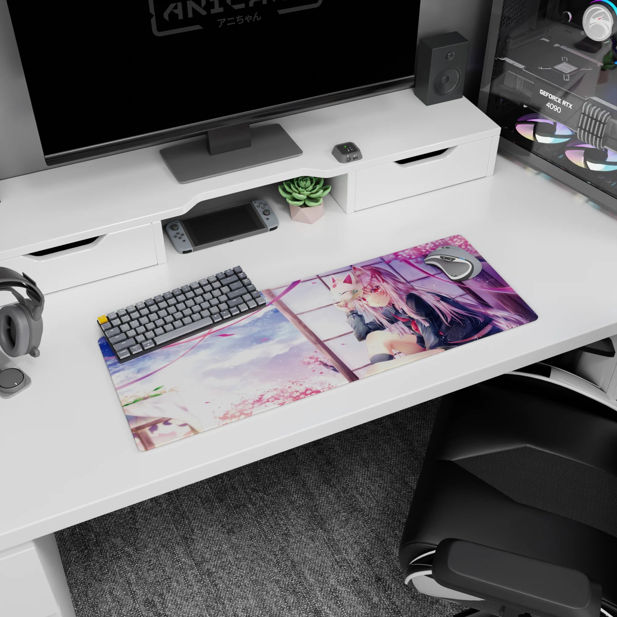 32x12 inches desk mat featuring red-eyed silver-haired schoolgirl holding a fox mask by a window.