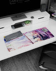 32x12 inches desk mat featuring red-eyed silver-haired schoolgirl holding a fox mask by a window.