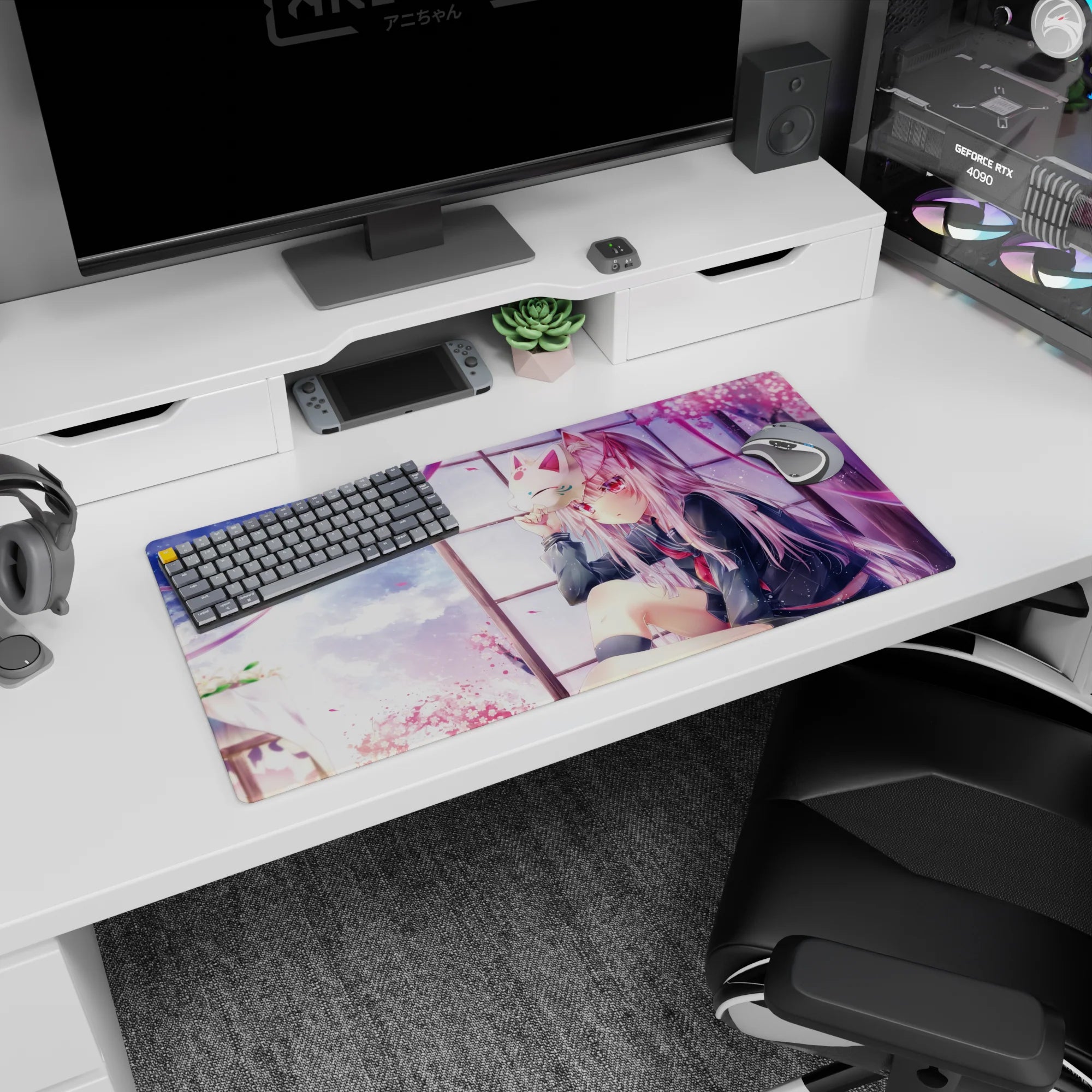 32x16 inches desk mat featuring red-eyed silver-haired schoolgirl holding a fox mask amid falling petals.