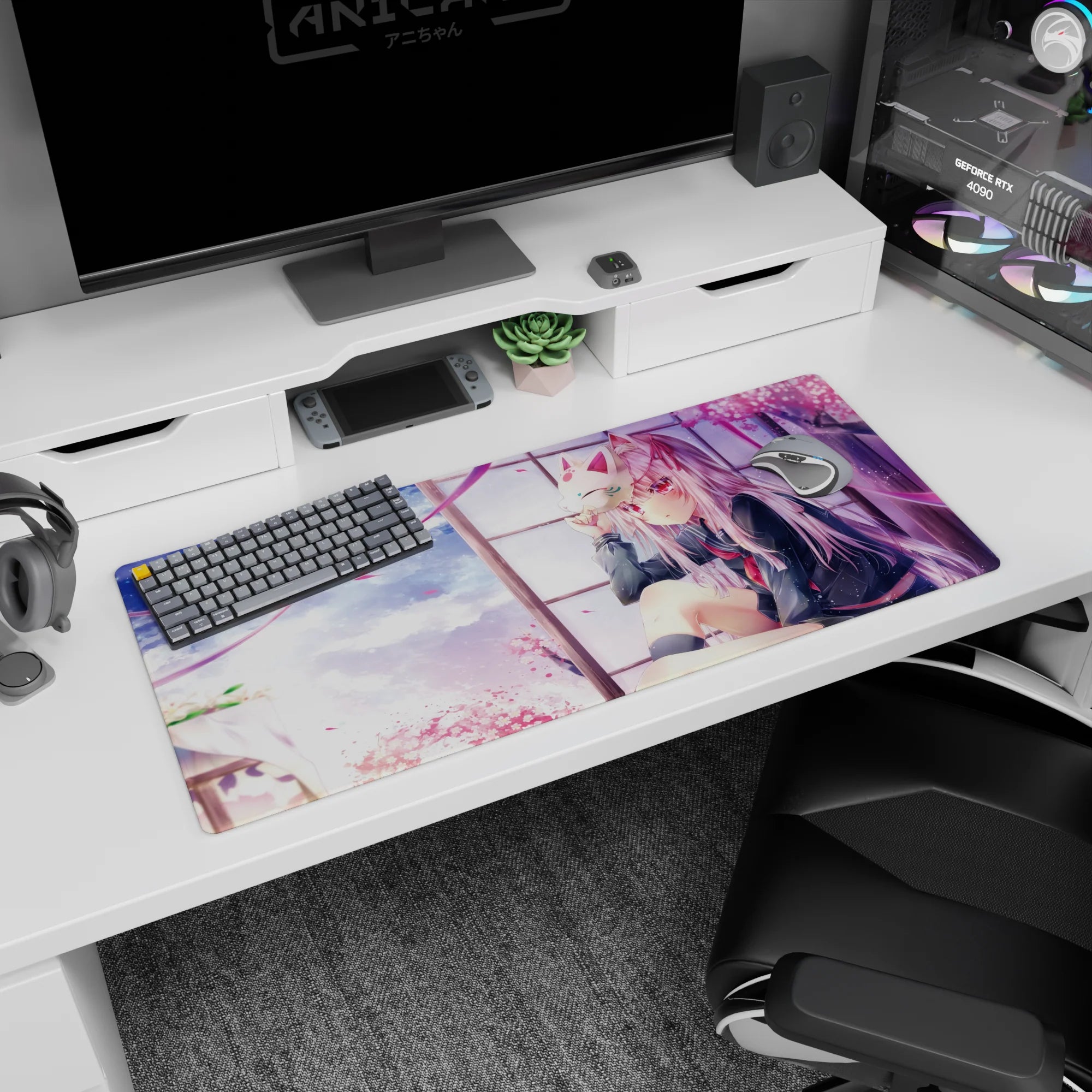 36x16 inches anime desk pad showing red-eyed schoolgirl holding a fox mask by a window, petals falling.
