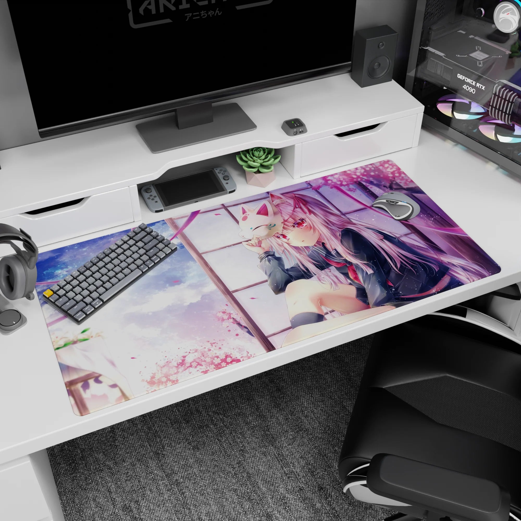 40x20 inches desk pad showing red-eyed silver-haired schoolgirl holding a fox mask by a cozy window.