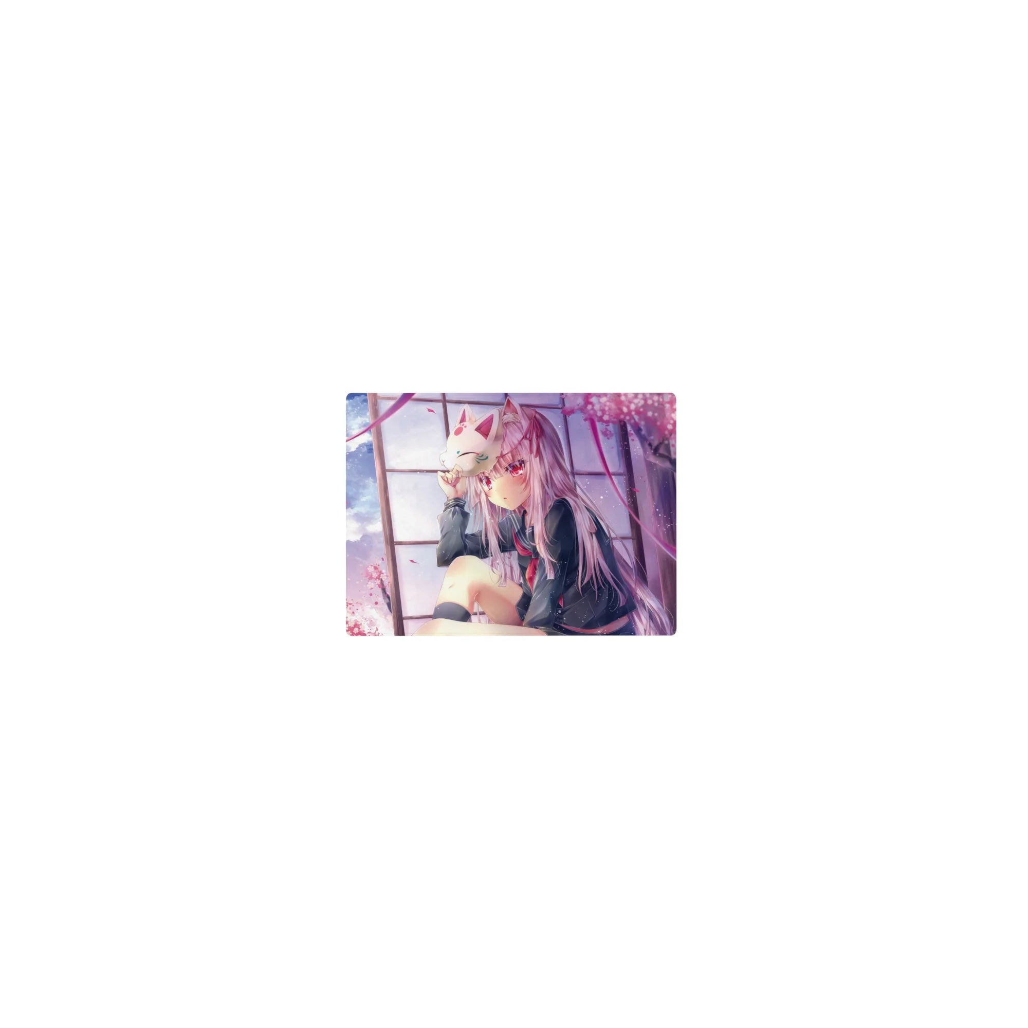 Classic anime girl mouse pad 14x10 inches with sakura petals, pastel sky, ribbons, and window frame.