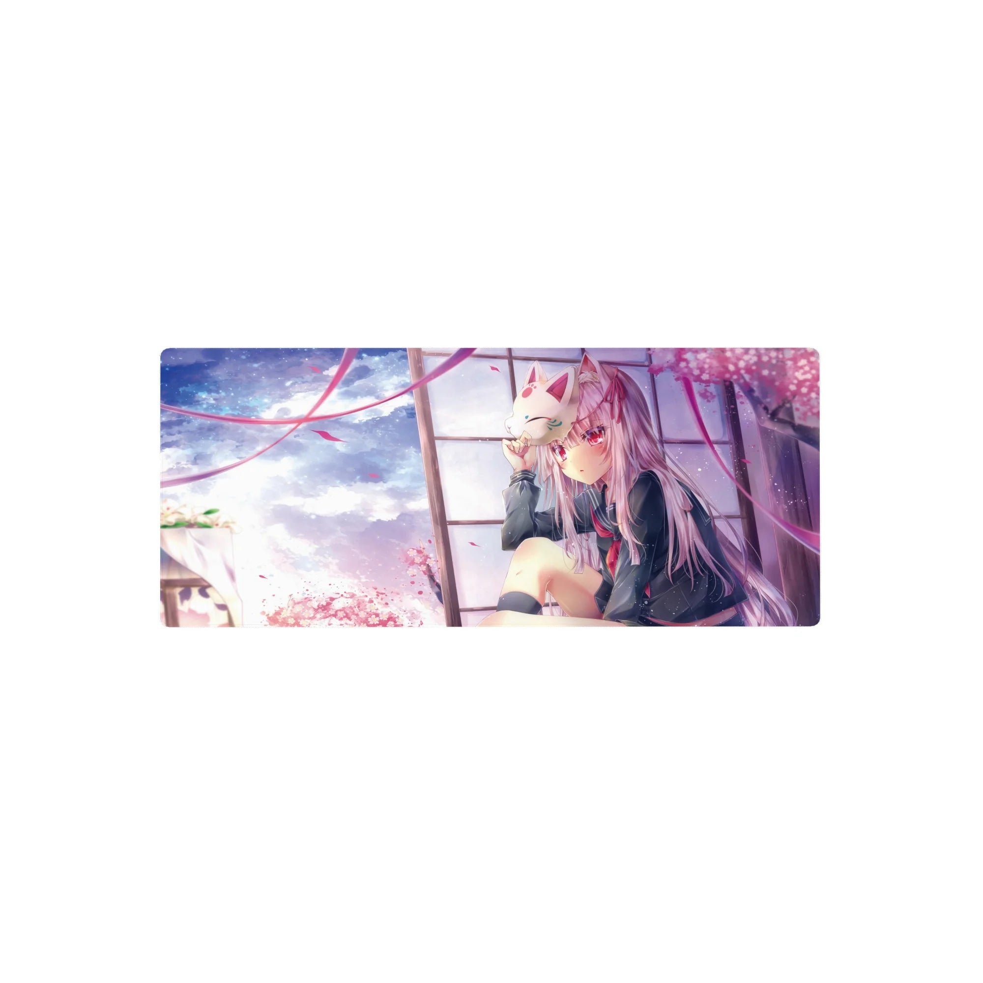 28x12 inches anime girl mouse pad with silver-haired schoolgirl, fox mask, sakura petals, window frame.