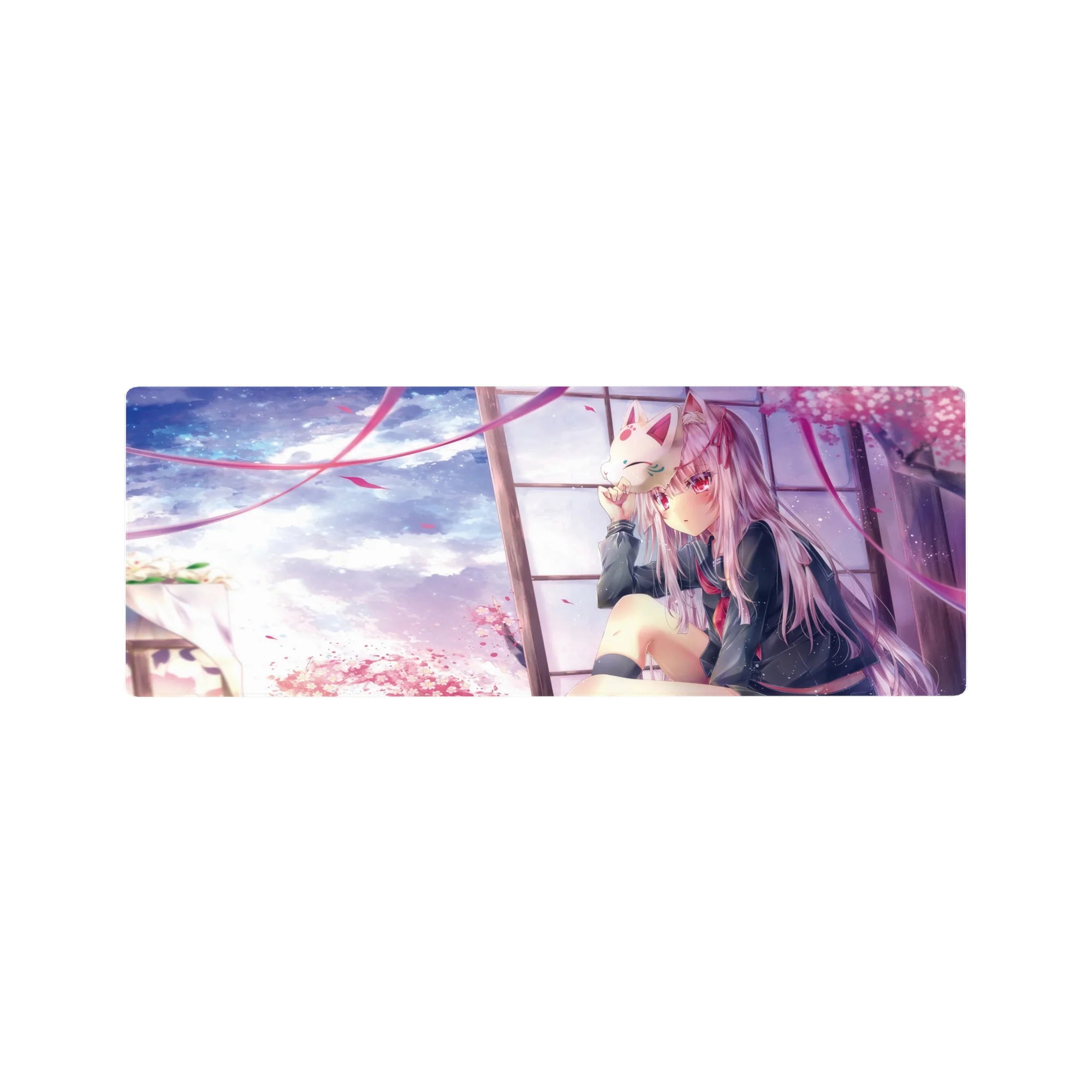 32x12 inches anime girl mouse pad with silver-haired schoolgirl, fox mask, sakura petals, window scene.
