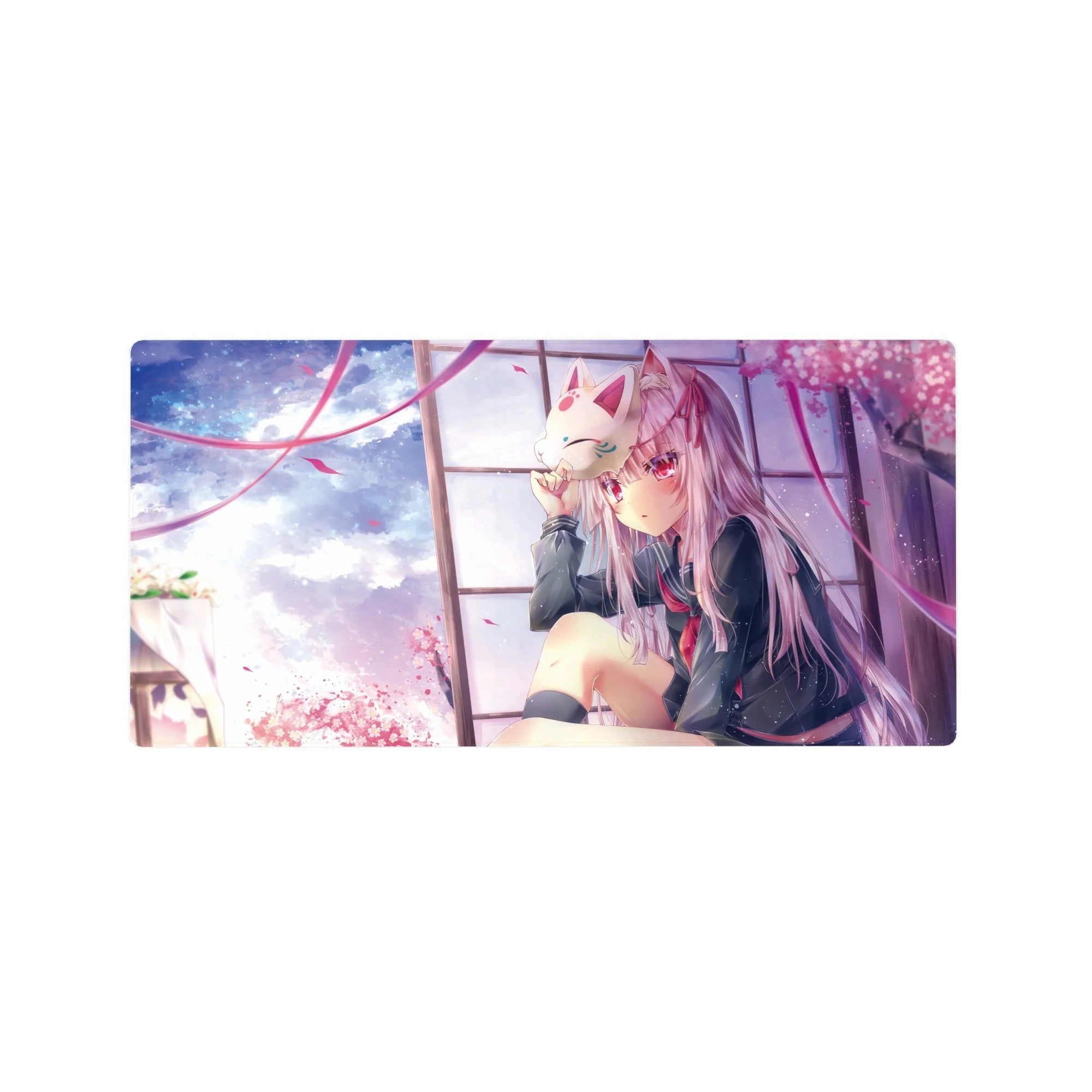 32x16 inches anime girl mouse pad with silver-haired schoolgirl, fox mask, sakura petals, window frame.