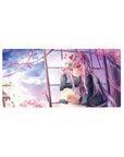 32x16 inches anime girl mouse pad with silver-haired schoolgirl, fox mask, sakura petals, window frame.