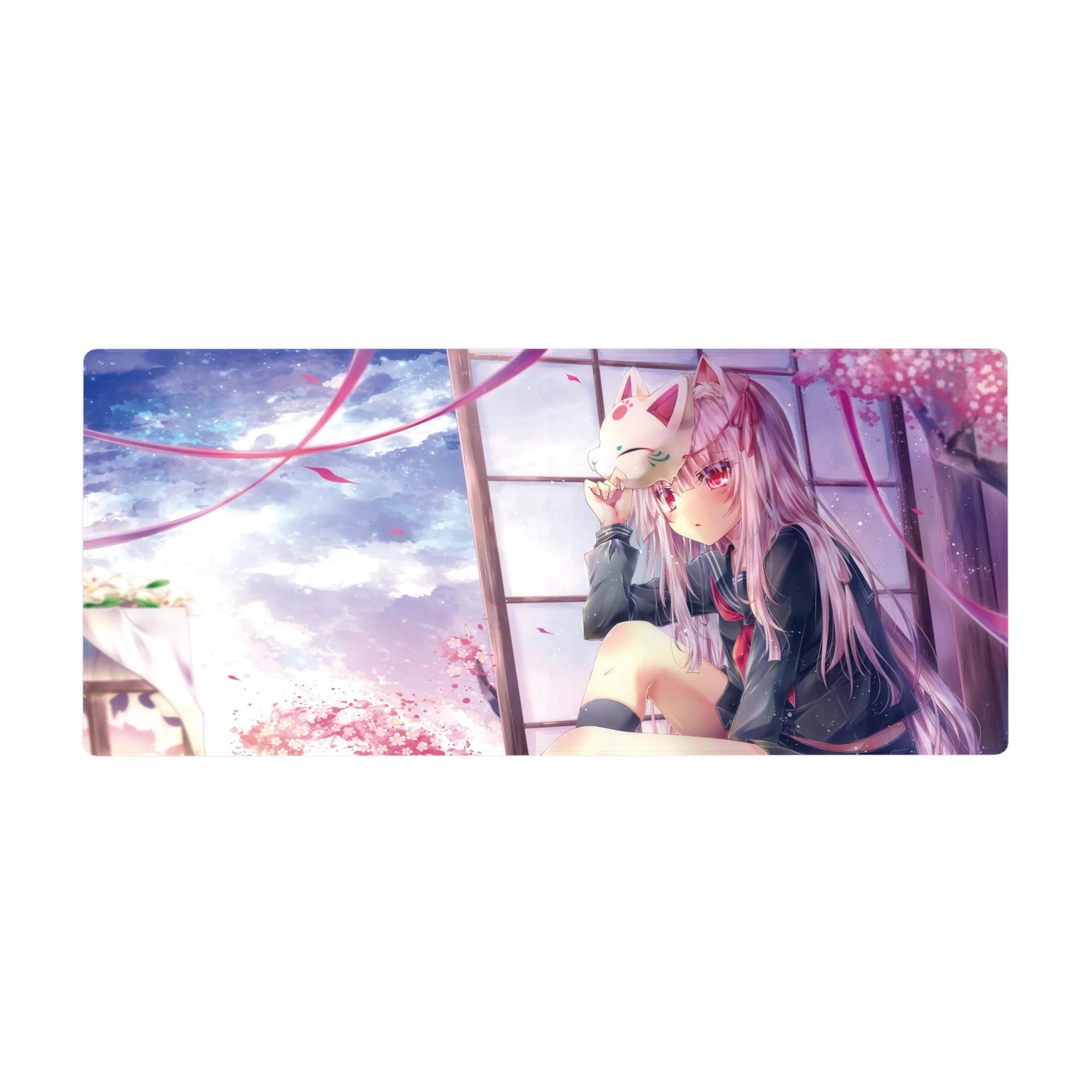 36x16 inches anime girl desk pad with silver-haired schoolgirl, fox mask, sakura petals, window scene.