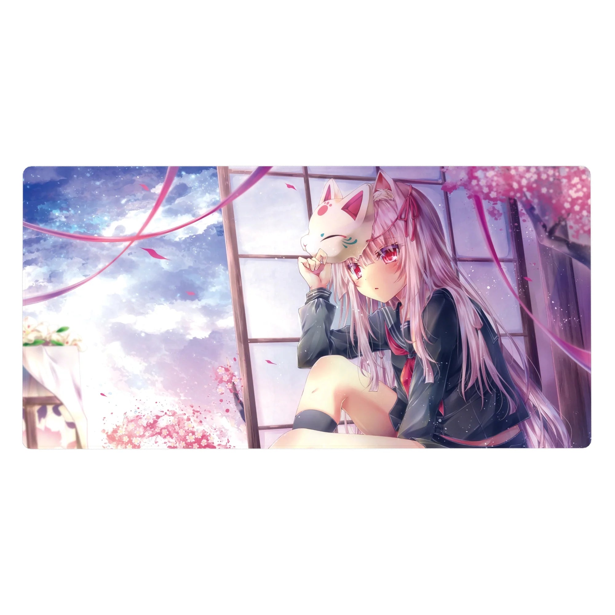 40x20 inches anime girl desk pad with silver-haired schoolgirl, fox mask, sakura petals and window frame.
