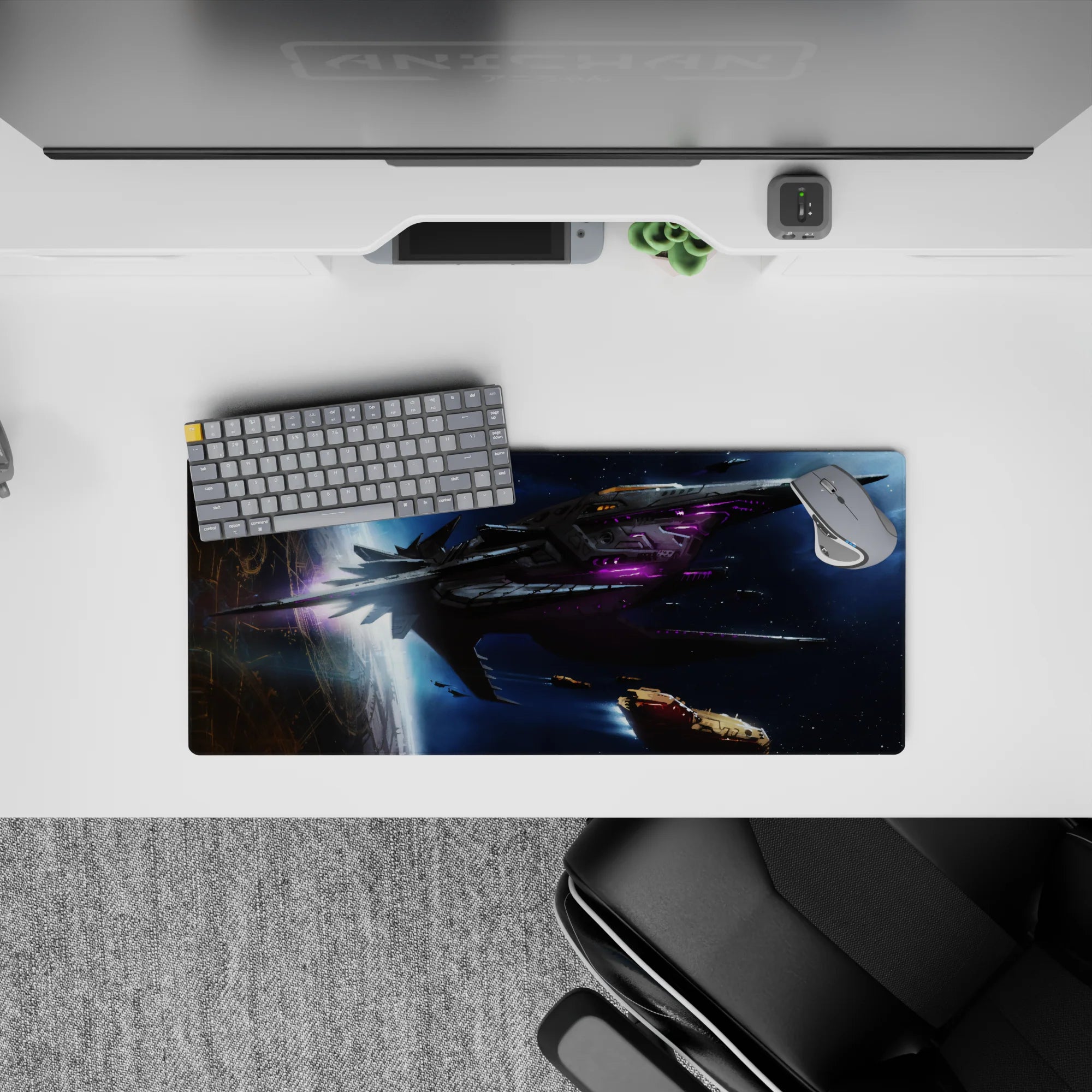 Midnight-blue and violet nebula mouse pad, 28x12 inches, dark charcoal tones with glowing purple lines.