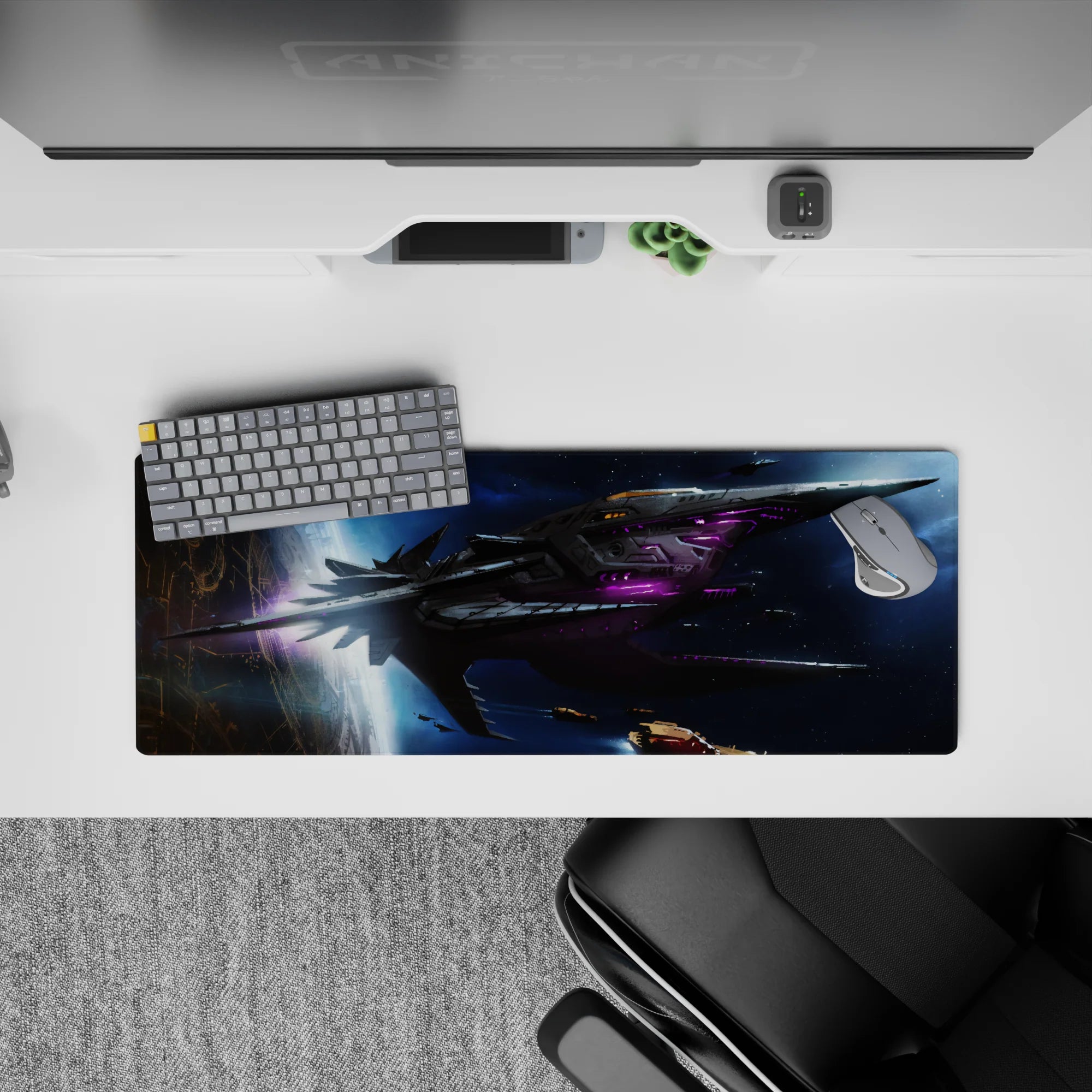 Midnight-blue and violet glow space mouse pad 32x12 inches, dark charcoal with neon purple lines.