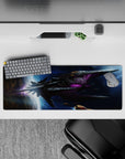 Midnight-blue and violet glow space mouse pad 32x12 inches, dark charcoal with neon purple lines.
