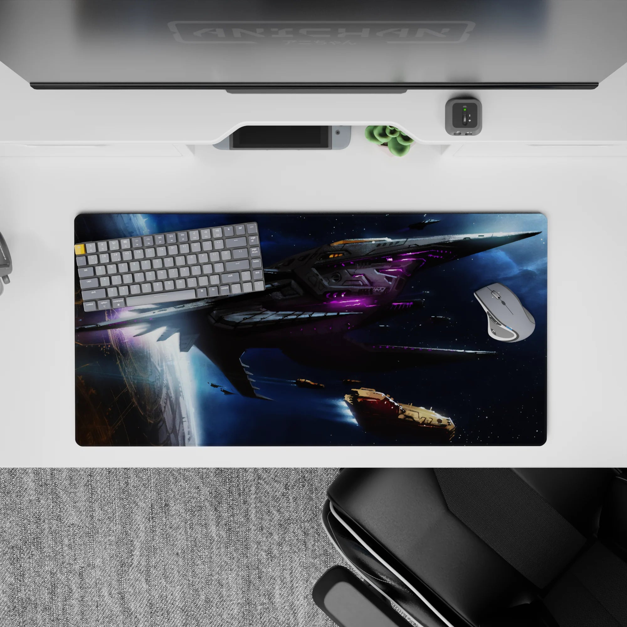 Midnight-blue and violet cosmic mouse pad 32x16 inches with neon purple accents and moody starlight.